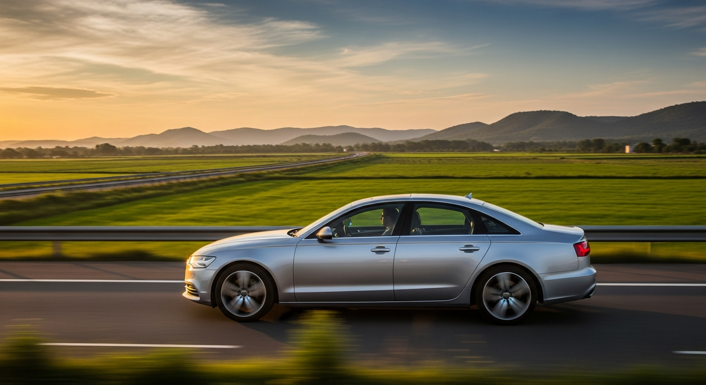 "A sleek silver sedan driving on an Indian highway at sunset, symbolizing the enduring elegance and efficiency of sedans."