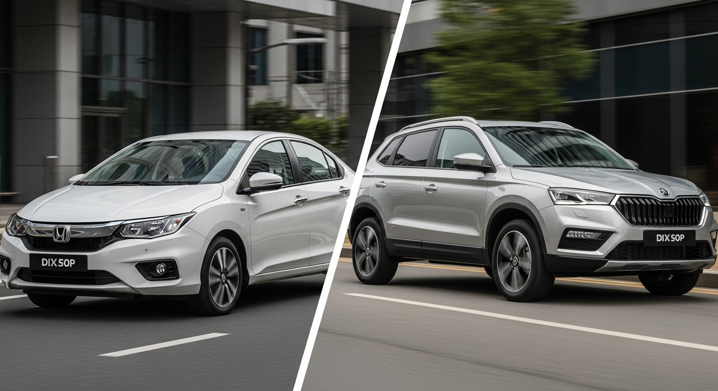 "A mid-size sedan next to a compact SUV, illustrating the difference in design philosophy and road presence."