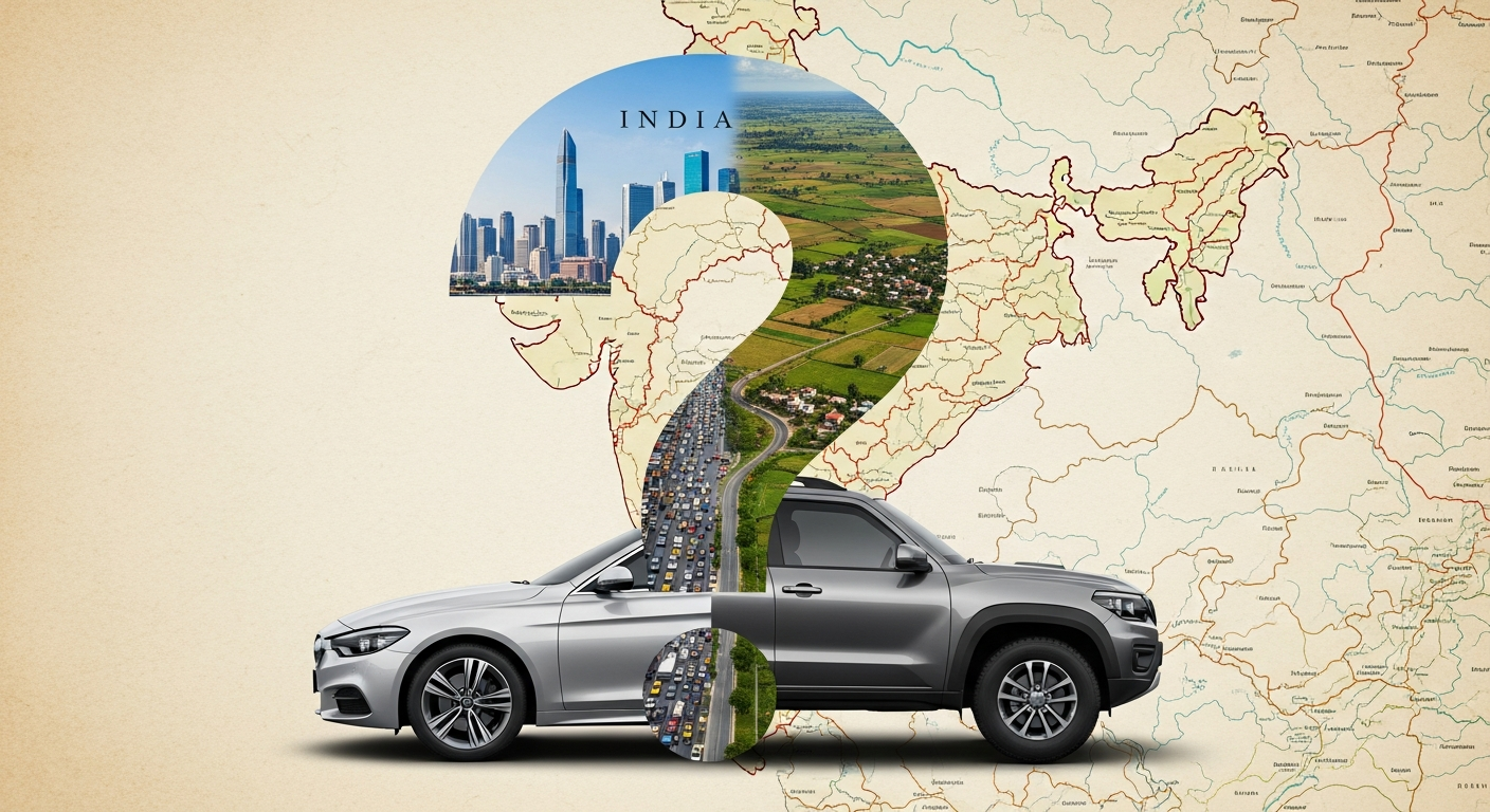 "A stylized question mark made from a sedan and SUV outline on a map of India, representing the choice between car types in India."